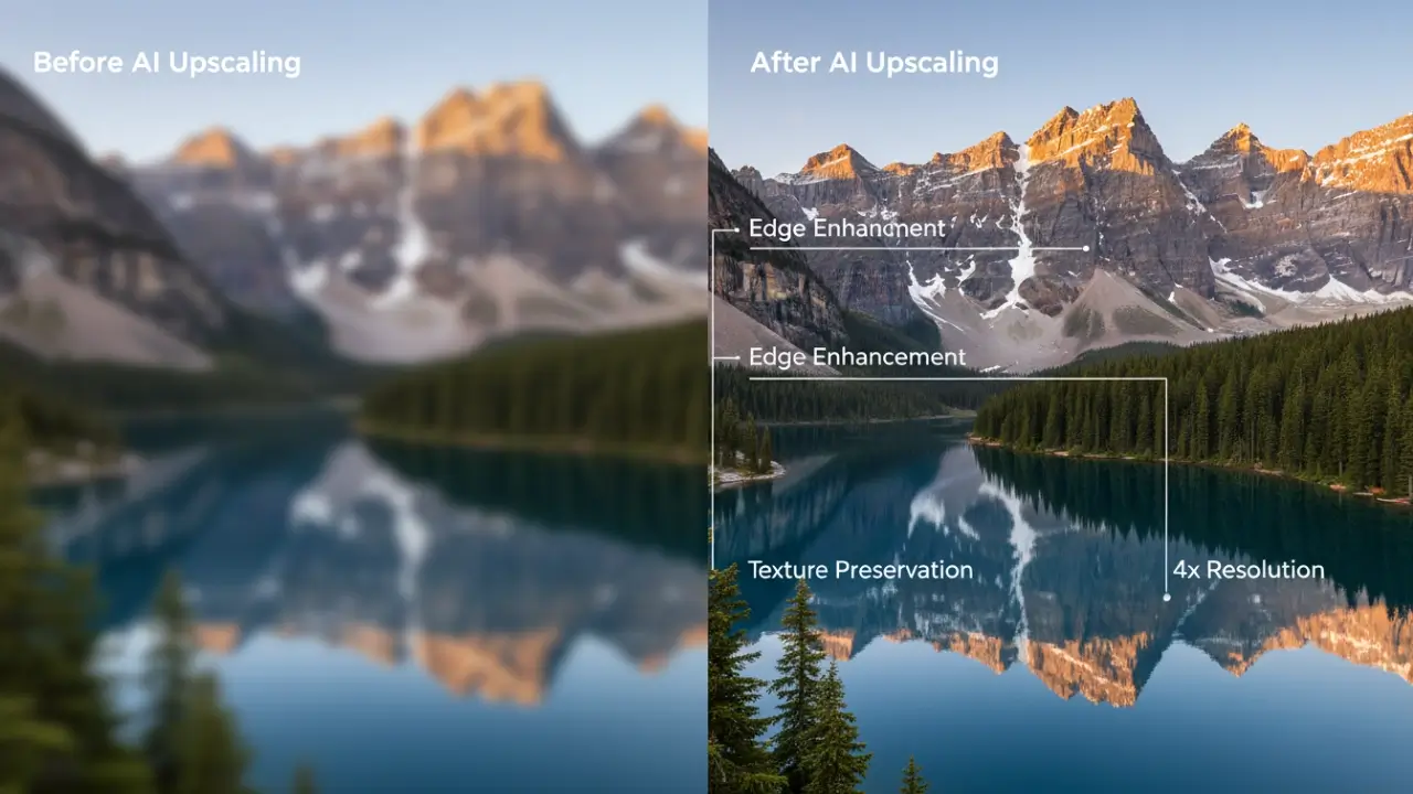 Stunning 4K landscape photo showcasing AI image upscaler technology with enhanced edge clarity, natural textures, and technical overlay annotations demonstrating resolution enhancement capabilities