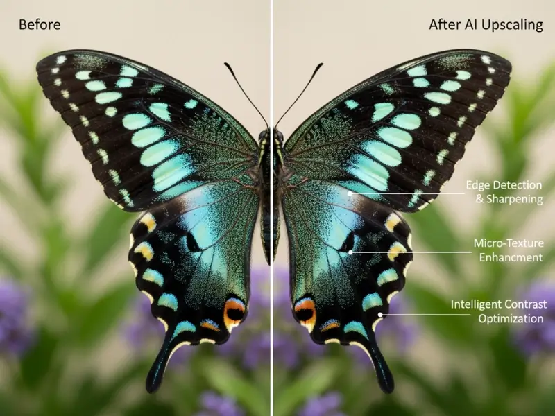 Extreme macro photography showcasing AI edge enhancement with crystal-clear details, sharp textures, and professional bokeh demonstrating intelligent upscaling capabilities