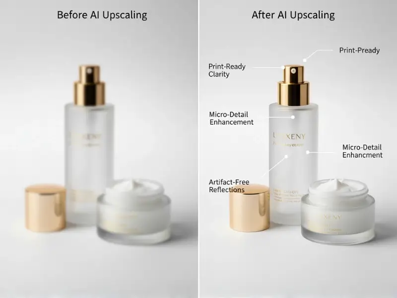Commercial product photography with 4K resolution showcasing professional lighting, crisp edges, and print-ready quality demonstrating commercial-grade AI upscaling output