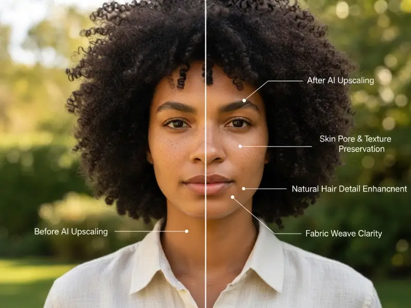 Professional portrait photography showcasing natural texture preservation with accurate skin tones, visible fabric weave, and authentic hair details demonstrating AI quality preservation