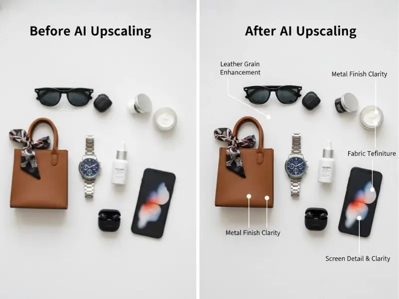 Professional e-commerce product grid showcasing multiple consumer items with enhanced textures, material finishes, and clear details optimized for online marketplace listings