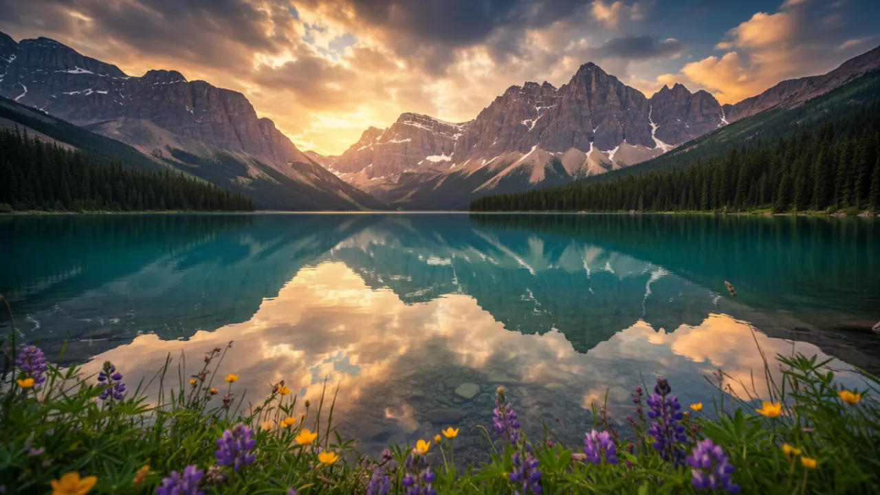 Stunning photorealistic mountain lake landscape at golden hour, showcasing ImageFX AI image generation quality with exceptional detail in water reflections and atmospheric lighting