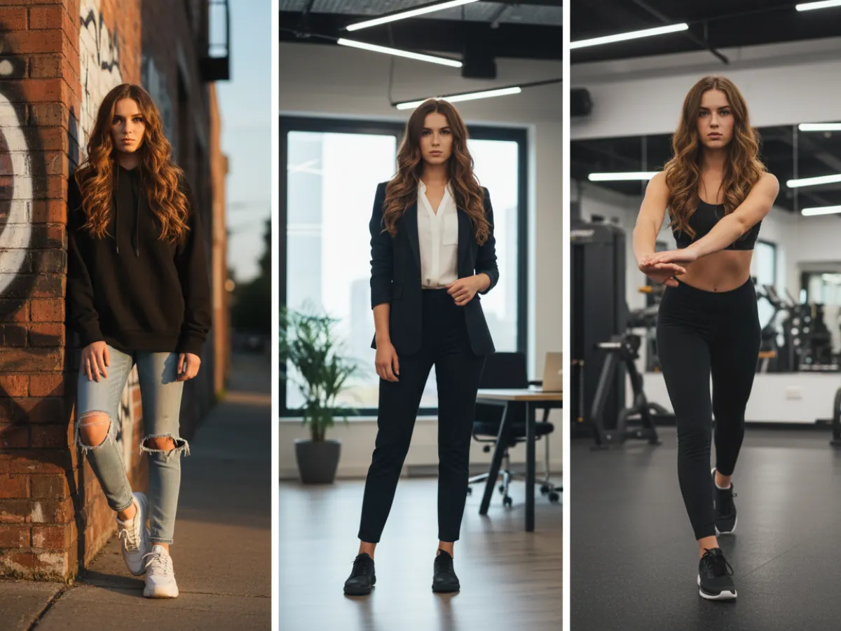 Character consistency demonstration showing same female character in three different settings - urban streetwear, business attire, and athletic wear - maintaining identical facial features across all variations