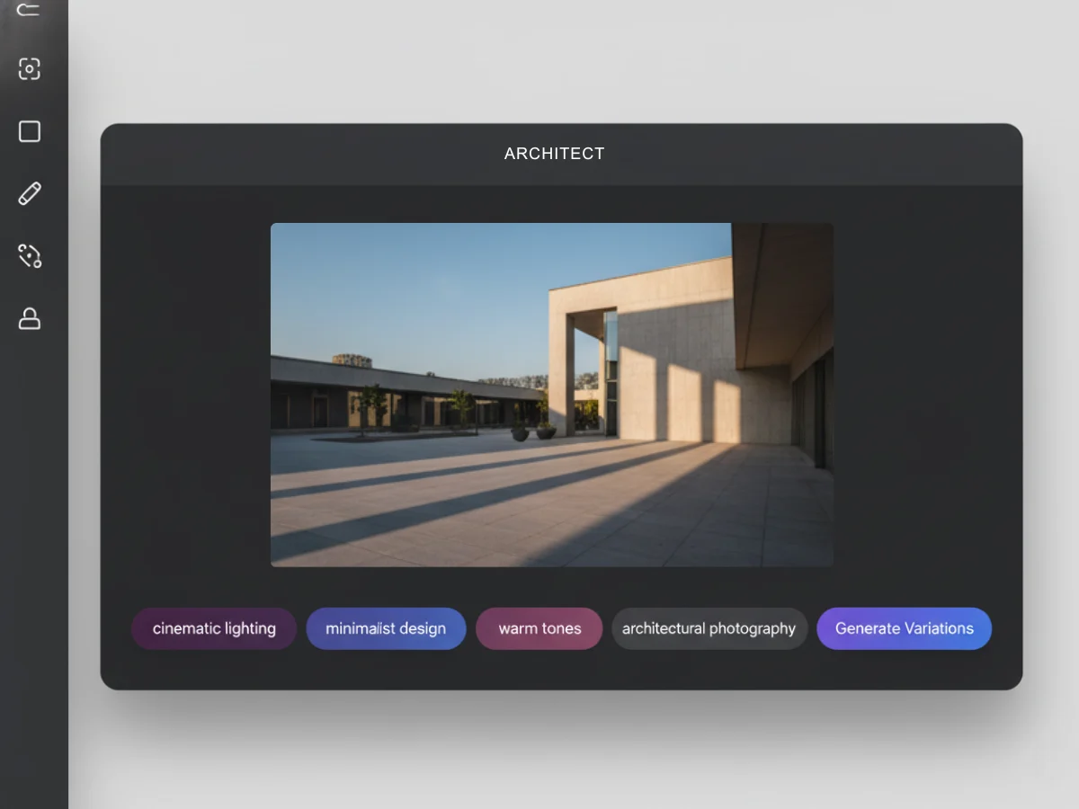 Modern AI image editor interface with architectural photo and interactive suggestion chips below including cinematic lighting, minimalist design, and dramatic shadows options