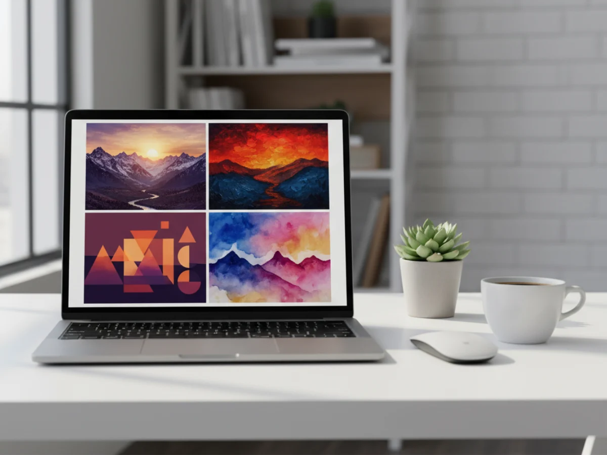 Modern laptop displaying ImageFX text-to-image interface with four distinct artistic variations of sunset mountains in grid layout, demonstrating creative AI workspace