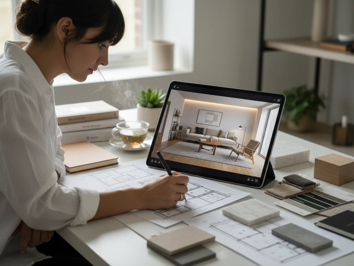Elegant interior design studio workspace with designer working on digital tablet showing minimalist living room concept, surrounded by fabric swatches, color palettes, and architectural sketches