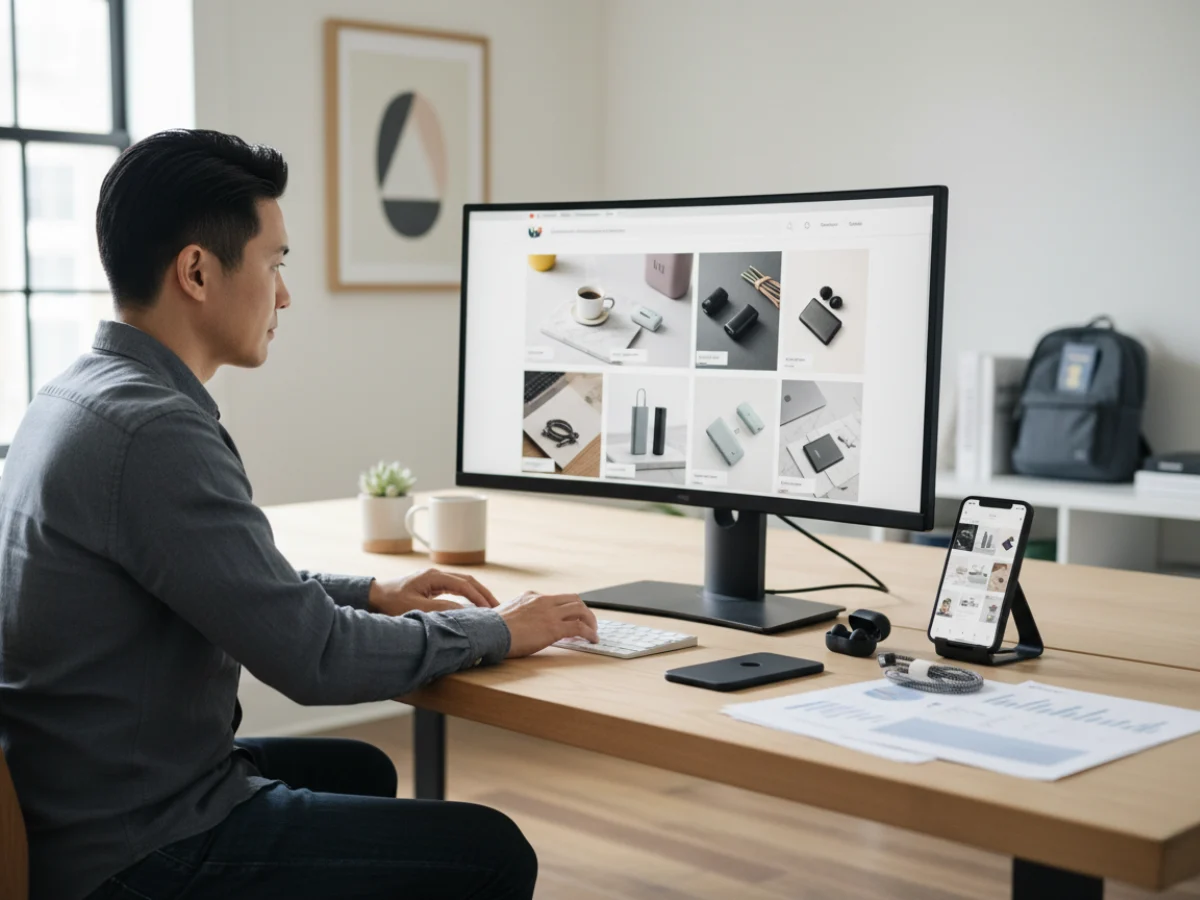 Professional e-commerce workspace with business owner creating product mockups, large monitor displaying clean website interface with high-quality product photos in elegant grid, physical product samples and smartphone on desk