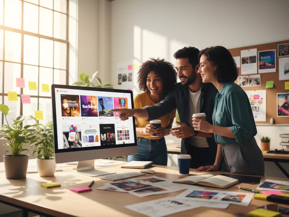 Vibrant marketing team collaboration in modern creative agency, three professionals reviewing multiple social media ad variations on large monitor with Instagram posts and Facebook ads in grid layout