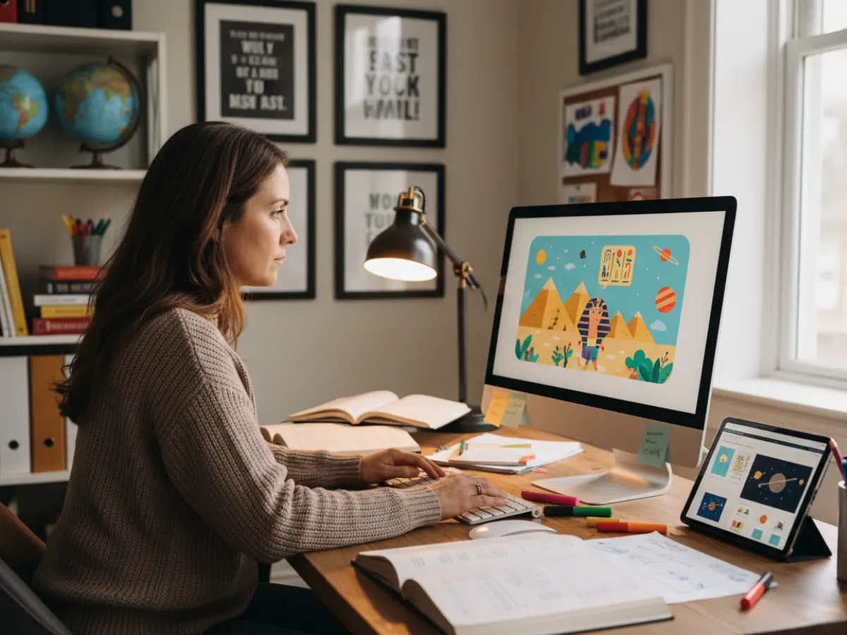 Warm educational setting with teacher creating custom illustrations on computer screen, desk featuring textbooks, colorful markers, lesson plans, and tablet with presentation slides in learning-focused environment
