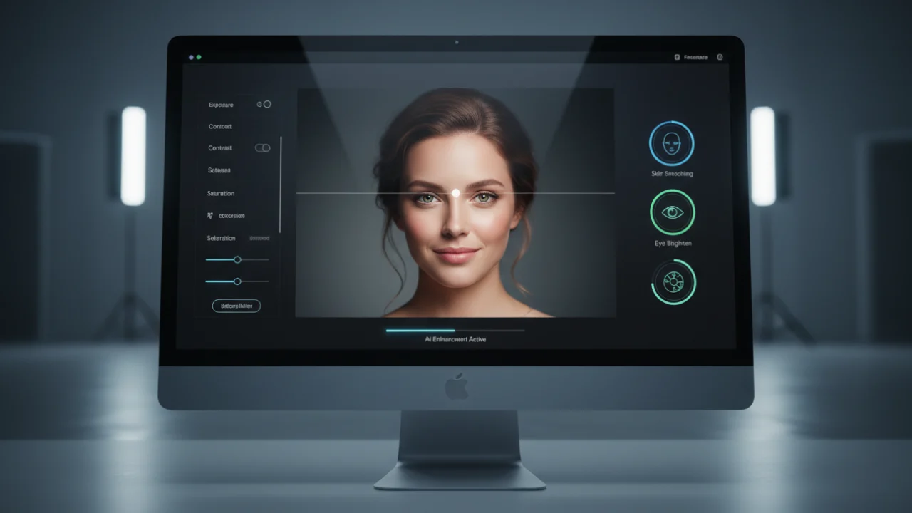 AI-powered photo enhancer interface showing professional portrait enhancement in action