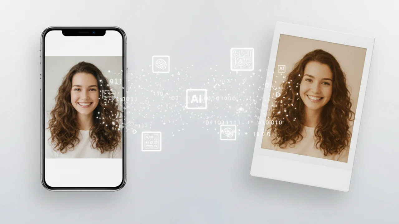 AI-powered Polaroid photo generator interface showing instant film style transformation process with vintage borders and warm tones