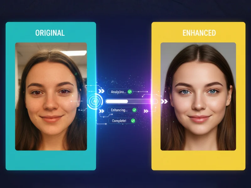 One-click photo enhancement process showing instant transformation