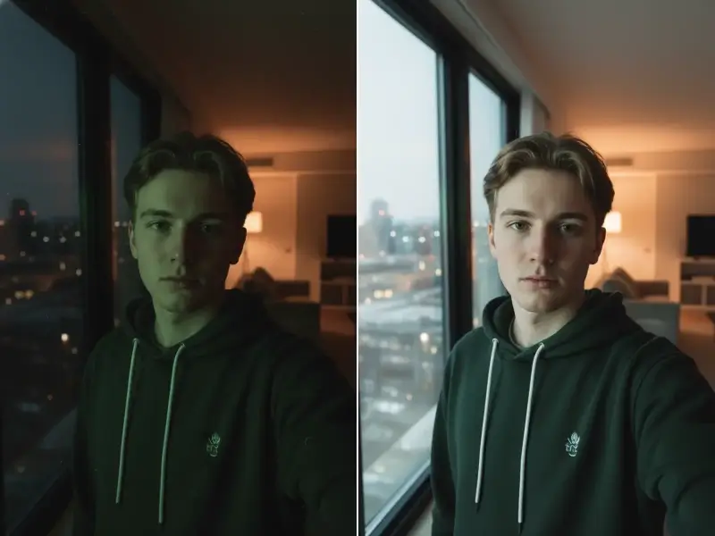 Low-light indoor selfie to daylight portrait